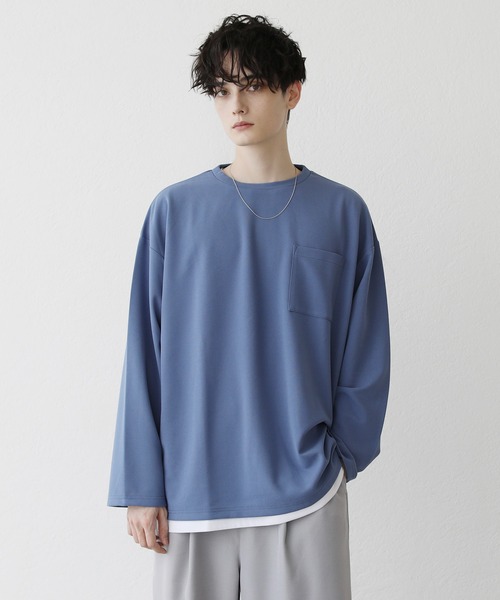 ETELIO（エテリオ）の「【2点セット】梨地ポケット付きクルーロングスリーブTシャツ ＆ 半袖Tシャツアンサンブルセット（Tシャツ/カットソー・メンズ・ブラック/ブルー/ワインレッド/ホワイト×ブラック/ブラック×ホワイト/ブルーグリーン/アッシュ/グリーン系/ホワイト・S/M/L）」の20枚目の写真