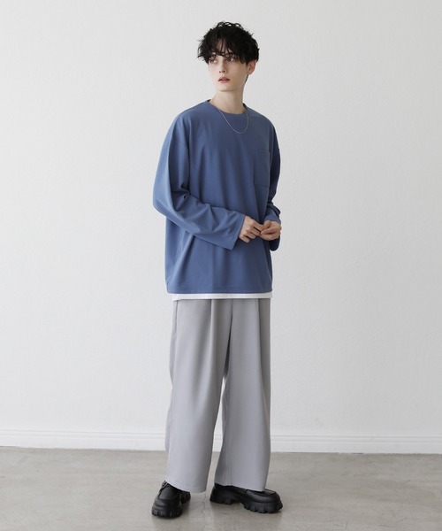 ETELIO（エテリオ）の「【2点セット】梨地ポケット付きクルーロングスリーブTシャツ ＆ 半袖Tシャツアンサンブルセット（Tシャツ/カットソー・メンズ・ブラック/ブルー/ワインレッド/ホワイト×ブラック/ブラック×ホワイト/ブルーグリーン/アッシュ/グリーン系/ホワイト・S/M/L）」の21枚目の写真