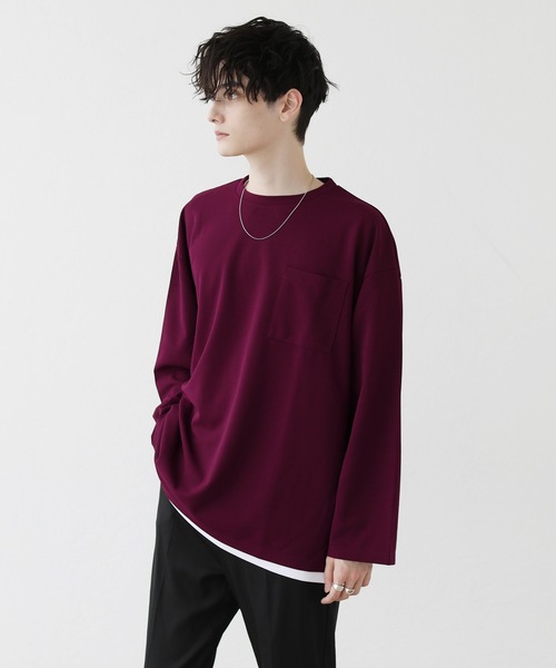 ETELIO（エテリオ）の「【2点セット】梨地ポケット付きクルーロングスリーブTシャツ ＆ 半袖Tシャツアンサンブルセット（Tシャツ/カットソー・メンズ・ブラック/ブルー/ワインレッド/ホワイト×ブラック/ブラック×ホワイト/ブルーグリーン/アッシュ/グリーン系/ホワイト・S/M/L）」の22枚目の写真