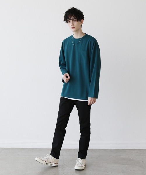 ETELIO（エテリオ）の「【2点セット】梨地ポケット付きクルーロングスリーブTシャツ ＆ 半袖Tシャツアンサンブルセット（Tシャツ/カットソー・メンズ・ブラック/ブルー/ワインレッド/ホワイト×ブラック/ブラック×ホワイト/ブルーグリーン/アッシュ/グリーン系/ホワイト・S/M/L）」の14枚目の写真