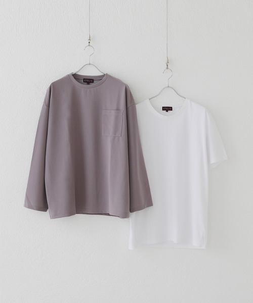 ETELIO（エテリオ）の「【2点セット】梨地ポケット付きクルーロングスリーブTシャツ ＆ 半袖Tシャツアンサンブルセット（Tシャツ/カットソー・メンズ・ブラック/ブルー/ワインレッド/ホワイト×ブラック/ブラック×ホワイト/ブルーグリーン/アッシュ/グリーン系/ホワイト・S/M/L）」の12枚目の写真