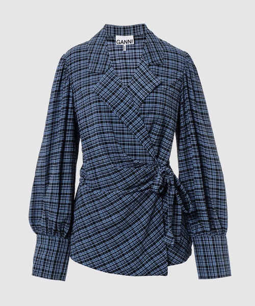 GANNI(ガニー)の「Stretch Seersucker Wrap Shirt(シャツ/ブラウス・レディース・ブルー系その他・36)」の1枚目の写真