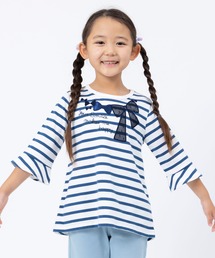 KP | リボンアップリケ天竺ボーダー柄7分袖チュニック(100～130)(チュニック)
