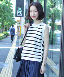 Ray BEAMS | Ray BEAMS / ボーダー サイドリボンノースリーブ(ニット/セーター)