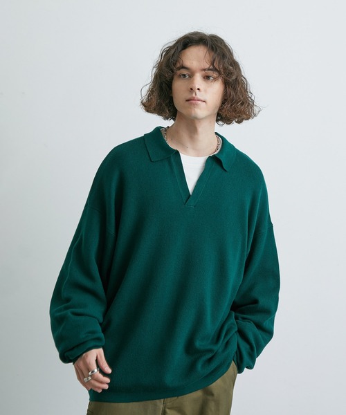 JUNRED(ジュンレッド)の「ルーズスキッパーニットシャツ(ニット/セーター・メンズ・ブラック/ライトグレー/グリーン・S/M/L)」の1枚目の写真