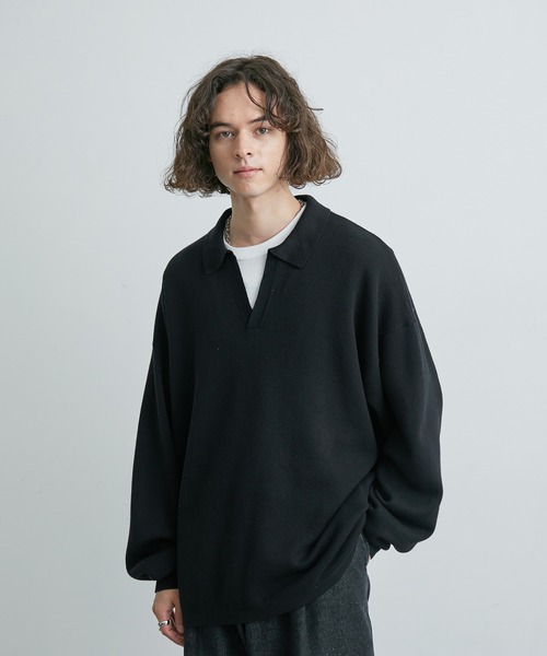 JUNRED(ジュンレッド)の「ルーズスキッパーニットシャツ(ニット/セーター・メンズ・ブラック/ライトグレー/グリーン・S/M/L)」の2枚目の写真