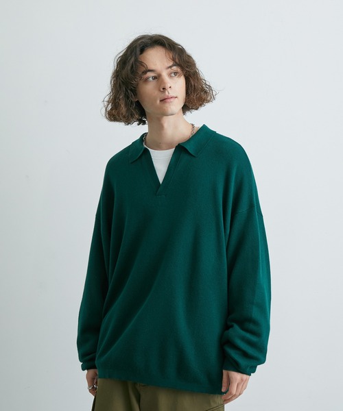 JUNRED(ジュンレッド)の「ルーズスキッパーニットシャツ(ニット/セーター・メンズ・ブラック/ライトグレー/グリーン・S/M/L)」の6枚目の写真