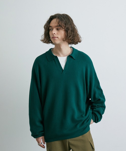 JUNRED(ジュンレッド)の「ルーズスキッパーニットシャツ(ニット/セーター・メンズ・ブラック/ライトグレー/グリーン・S/M/L)」の7枚目の写真