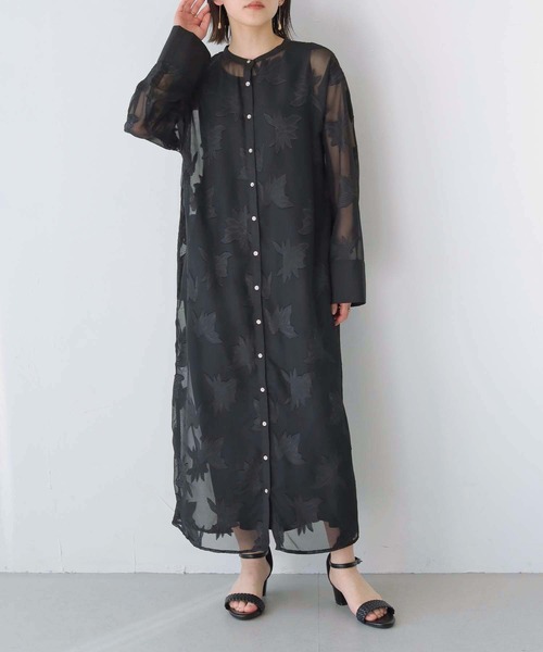 Lant Kalte（ラントカルテ）の「【Lant Kalte】ジャガードシアーリーフアンサンブルワンピース（ワンピース・レディース・ブラック/グリーン/ライトブラウン・M）」の2枚目の写真