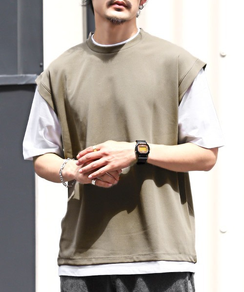 LUXSTYLE(ラグスタイル)の「フェイクレイヤージョーゼットBIGTシャツ(Tシャツ/カットソー・メンズ・ブラック/グレイッシュベージュ/ブルーグレー/ライトグレー・M/L)」の4枚目の写真