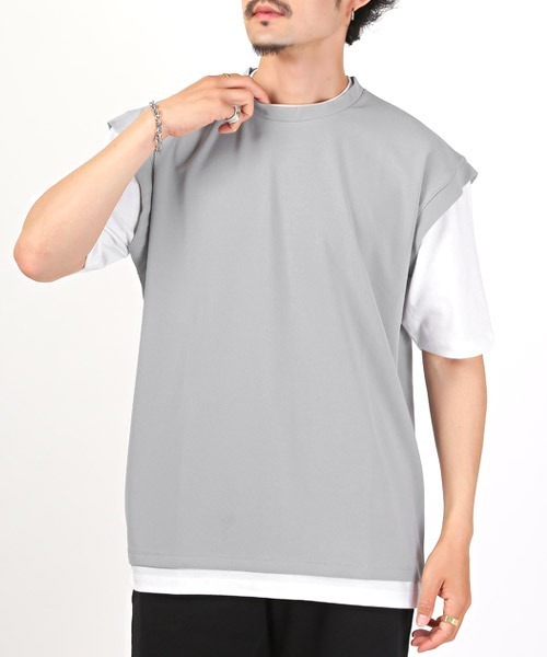 LUXSTYLE(ラグスタイル)の「フェイクレイヤージョーゼットBIGTシャツ(Tシャツ/カットソー・メンズ・ブラック/グレイッシュベージュ/ブルーグレー/ライトグレー・M/L)」の2枚目の写真