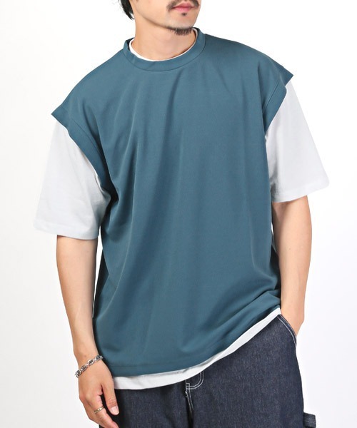 LUXSTYLE(ラグスタイル)の「フェイクレイヤージョーゼットBIGTシャツ(Tシャツ/カットソー・メンズ・ブラック/グレイッシュベージュ/ブルーグレー/ライトグレー・M/L)」の3枚目の写真