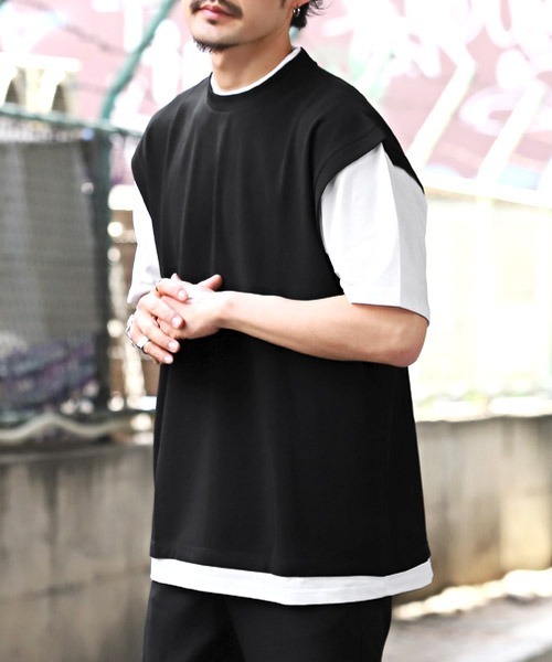 LUXSTYLE(ラグスタイル)の「フェイクレイヤージョーゼットBIGTシャツ(Tシャツ/カットソー・メンズ・ブラック/グレイッシュベージュ/ブルーグレー/ライトグレー・M/L)」の1枚目の写真