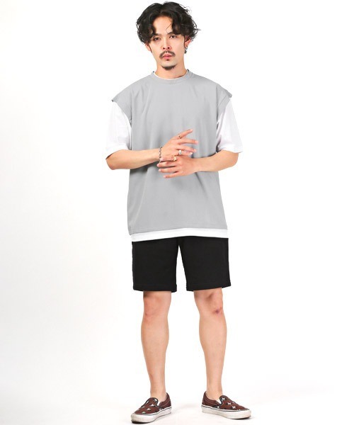 LUXSTYLE(ラグスタイル)の「フェイクレイヤージョーゼットBIGTシャツ(Tシャツ/カットソー・メンズ・ブラック/グレイッシュベージュ/ブルーグレー/ライトグレー・M/L)」の7枚目の写真