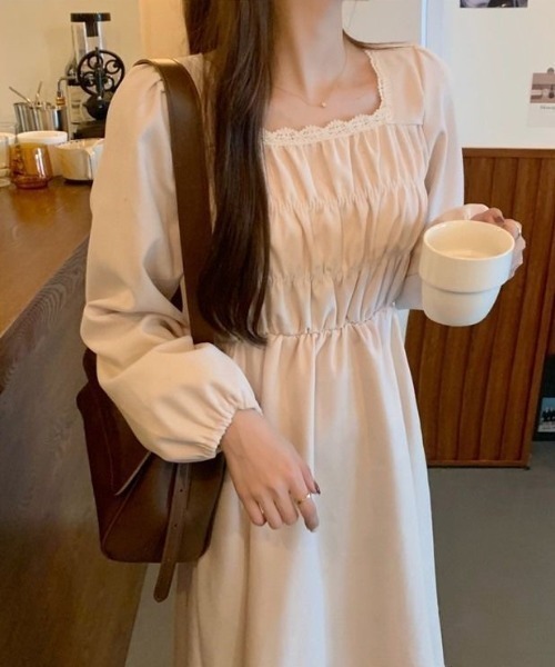 セール】レース襟スクエアネックワンピース（ワンピース）｜Sibra