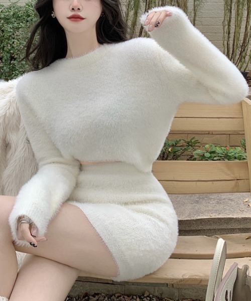 セール】2点セットシャギーニットトップス +ミニスカート（ニット