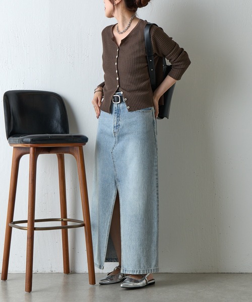 セール】フロントスリットデニムロングスカート（デニムスカート