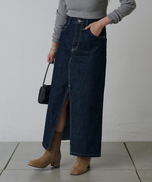 セール】フロントスリットデニムロングスカート（デニムスカート