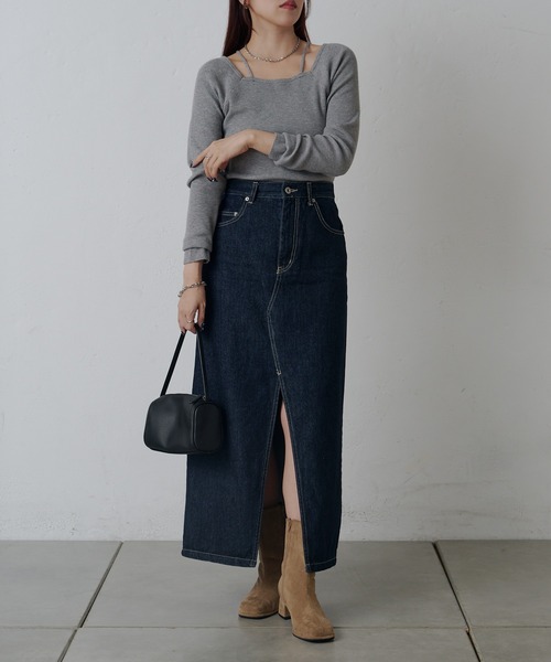 セール】フロントスリットデニムロングスカート（デニムスカート