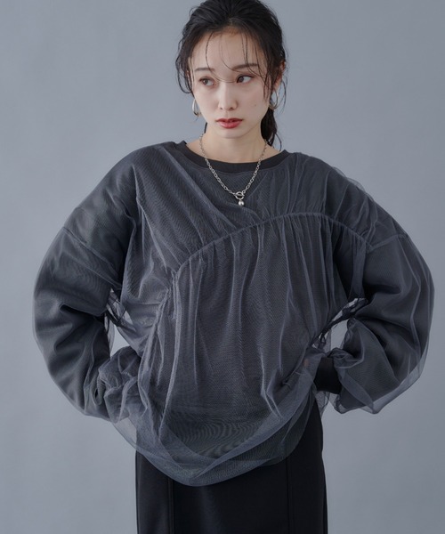 【ジェリー♡様】DOUDOU 長袖 スウェット レイヤード シアー 大人気アイテム再販！】シアーレイヤード裏毛スウェット