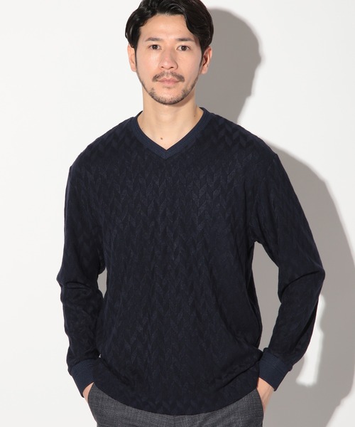 UNION STATION（ユニオンステーション）の「ミルジャガードチェック柄VネックロンT（Tシャツ/カットソー・メンズ・ネイビー/ブラウン/サックスブルー・LL/M/S/L）」の2枚目の写真