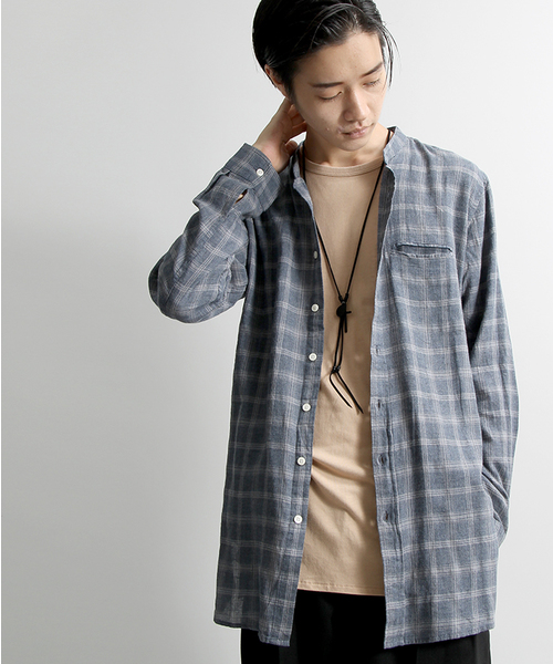 WEGO（ウィゴー）の「WEGO/ビエラバンドカラーロングシャツ（シャツ/ブラウス・メンズ・杢グレー/ブルー系その他/グレー系その他・MEDIUM/LARGE）」の3枚目の写真