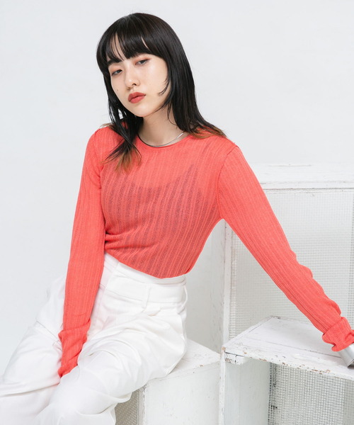 KBF(ケイビーエフ)の「ランダムRIBシアーニット(ニット/セーター・レディース・ブルー系その他/オレンジ系その他/アイボリー・ONE)」の1枚目の写真