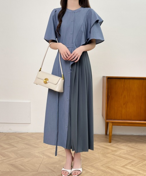 ECLIN(エクラン)の「アシメフリル異素材プリーツ切替シャツワンピース(ワンピース・レディース・ブルー/チャコールグレー/ベージュ・L/M)」の8枚目の写真