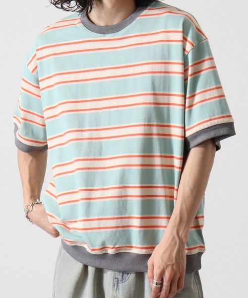 ATELANE(アテレーン)の「ヘビーウエイトボーダーTシャツ(Tシャツ/カットソー・メンズ・ベージュ/サックスブルー・L/M)」の2枚目の写真