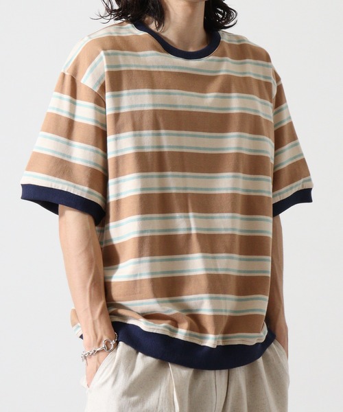 ATELANE(アテレーン)の「ヘビーウエイトボーダーTシャツ(Tシャツ/カットソー・メンズ・ベージュ/サックスブルー・L/M)」の4枚目の写真