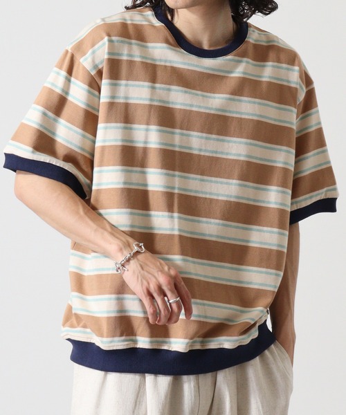 ATELANE(アテレーン)の「ヘビーウエイトボーダーTシャツ(Tシャツ/カットソー・メンズ・ベージュ/サックスブルー・L/M)」の3枚目の写真