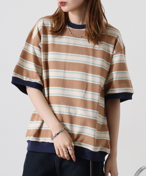 ATELANE(アテレーン)の「ヘビーウエイトボーダーTシャツ(Tシャツ/カットソー・メンズ・ベージュ/サックスブルー・L/M)」の8枚目の写真