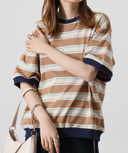 ATELANE(アテレーン)の「ヘビーウエイトボーダーTシャツ(Tシャツ/カットソー・メンズ・ベージュ/サックスブルー・L/M)」の9枚目の写真