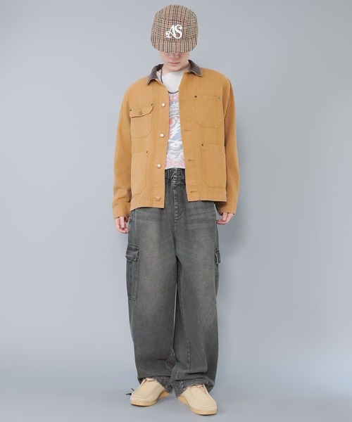 ヴィンテージ加工デニムカーゴワイドパンツ/ユニセックス（デニム