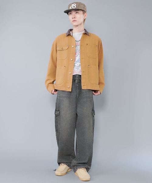 ヴィンテージ加工デニムカーゴワイドパンツ/ユニセックス（デニム