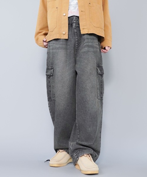 ヴィンテージ加工デニムカーゴワイドパンツ/ユニセックス