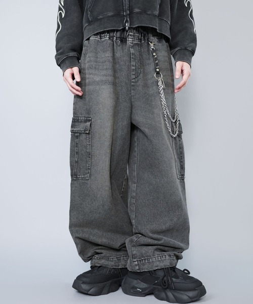 ヴィンテージ加工デニムカーゴワイドパンツ/ユニセックス（デニム