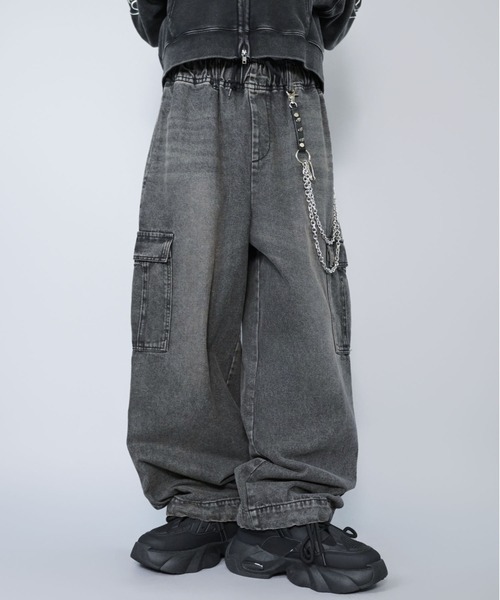 ヴィンテージ加工デニムカーゴワイドパンツ/ユニセックス（デニム