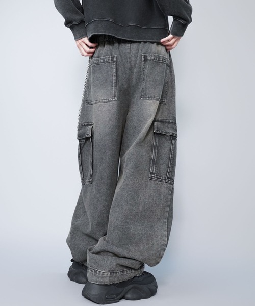 ヴィンテージ加工デニムカーゴワイドパンツ/ユニセックス（デニム