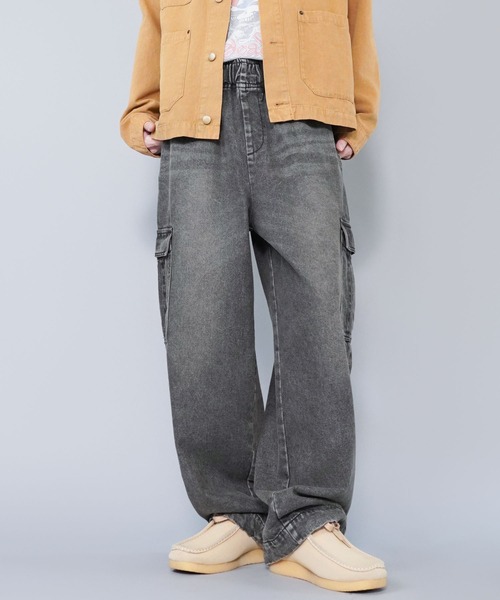 ヴィンテージ加工デニムカーゴワイドパンツ/ユニセックス（デニム