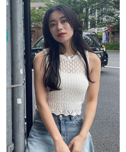 EVRIS（エヴリス）の「スカシアミサマーニットトップス（ニット/セーター・レディース・ホワイト/レッド/ブルー・FREE）」の5枚目の写真