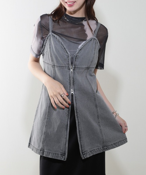 MAISON BREEZE（メゾンブリーズ）の「【MAISON BREEZE】加工デニム フロントジップビスチェ 223-701-3215 DTK（ベスト・レディース・インディゴブルー/ブラック/ブルー/グレー・FREE）」の3枚目の写真