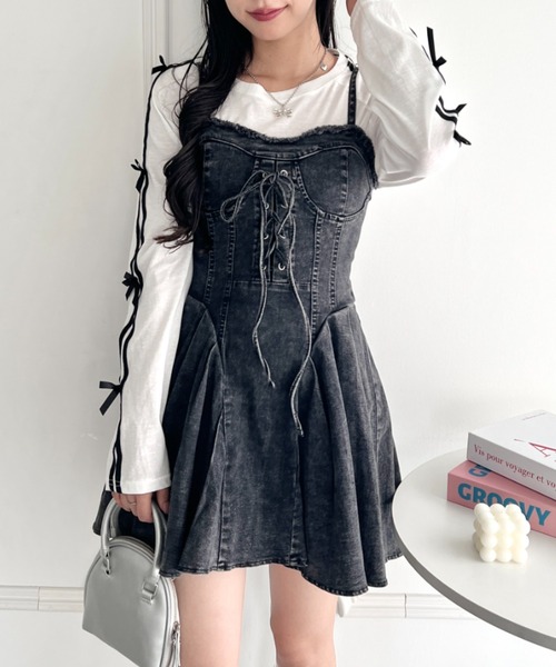 セール】レースアップフリンジデニムフレアワンピース（ワンピース