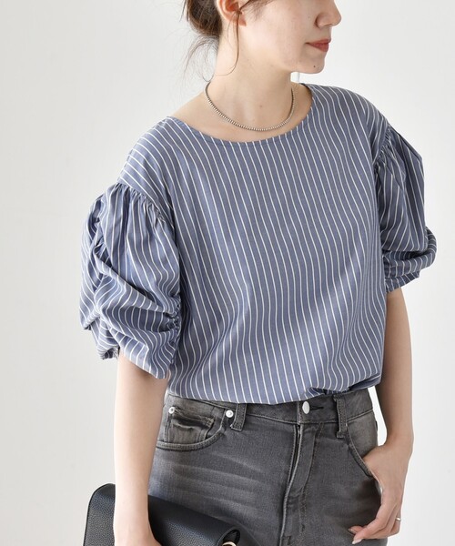 quaranciel(カランシエル)の「quaranciel:〈手洗い可能〉ギャザー ハーフスリーブ ストライプ ブラウス(シャツ/ブラウス・レディース・ブルー/ライトブルー・ONE SIZE)」の13枚目の写真