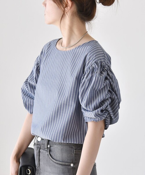 quaranciel(カランシエル)の「quaranciel:〈手洗い可能〉ギャザー ハーフスリーブ ストライプ ブラウス(シャツ/ブラウス・レディース・ブルー/ライトブルー・ONE SIZE)」の14枚目の写真
