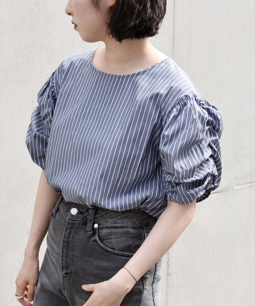 quaranciel(カランシエル)の「quaranciel:〈手洗い可能〉ギャザー ハーフスリーブ ストライプ ブラウス(シャツ/ブラウス・レディース・ブルー/ライトブルー・ONE SIZE)」の17枚目の写真