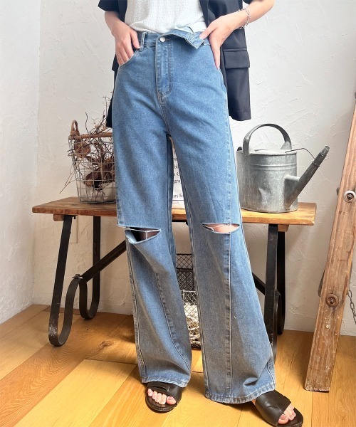 セール】ウエスト折り返しダメージデニムパンツ（デニムパンツ