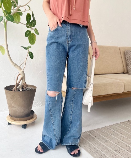 Rejoule(リジュール)の「ウエスト折り返しダメージデニムパンツ(デニムパンツ・レディース・ライトブルー/ブラック・S/M)」の18枚目の写真