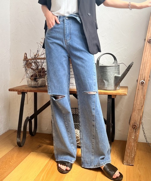 セール】ウエスト折り返しダメージデニムパンツ(デニムパンツ セール】ウエスト折り返しダメージデニムパンツ(デニムパンツ
