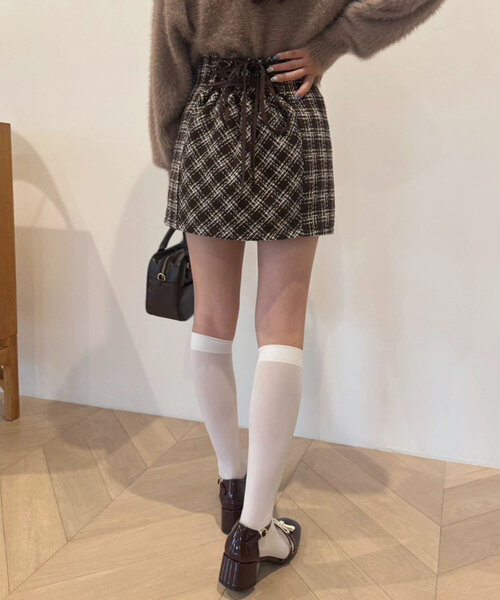 SMサイズ展開】バックレースアップツイードミニスカート（スカート